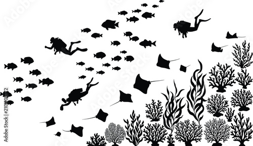 Fotografie Comprehensive Underwater Scuba Diving Scene Featuring Divers, Schools of Fish, S