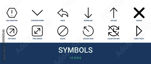 Set of 12 outline web Symbols icons such as caret right, clear history, escape sign, block, two arrow, top right arrow, cancel vector icons for report, presentation, diagram, web design, mobile app
