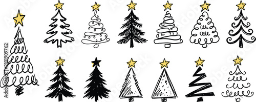 Hand Drawn Doodle Christmas Tree Icon Set with Yellow Gold Stars for Winter Holiday Greeting Cards and Seasonal Vector Pattern Designs