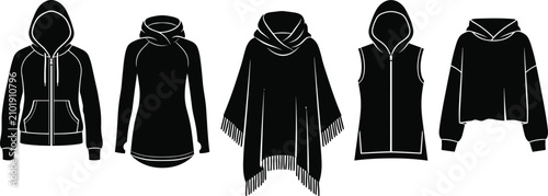 Obraz na płótnie Black silhouette collection of women winter apparel including hoodies sweatshirt