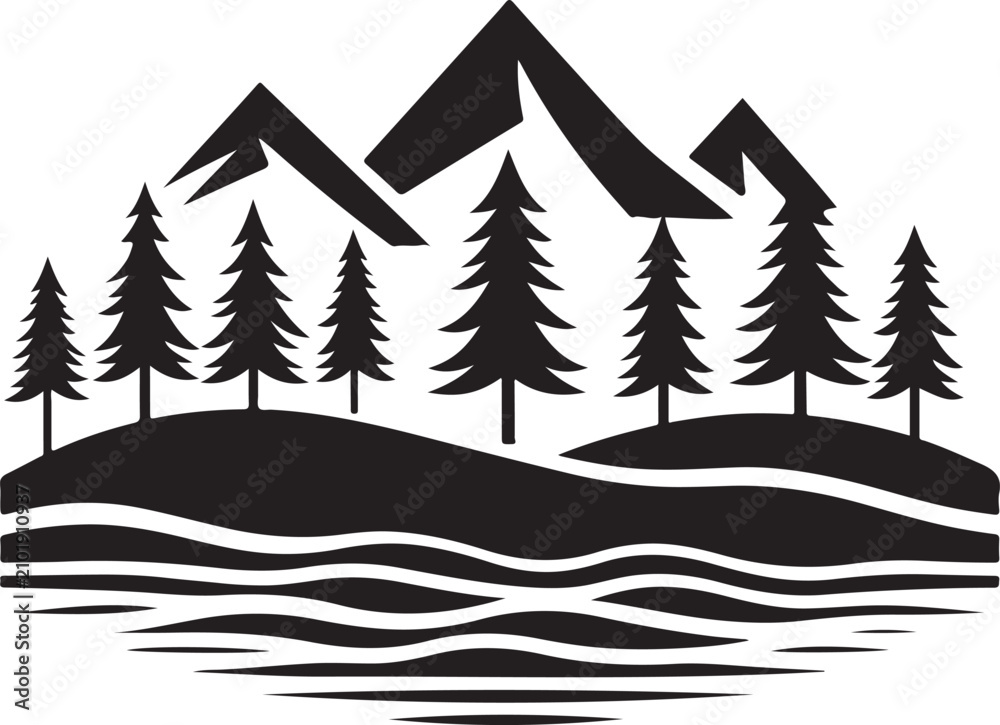 Obraz premium Mountain landscape with pine trees and water reflection during sunrise in minimalist vector illustration
