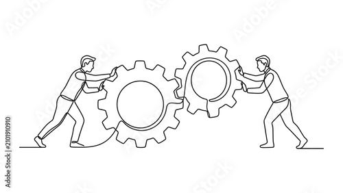 Continuous line drawing of two workers collaborating to turn large industrial gears.