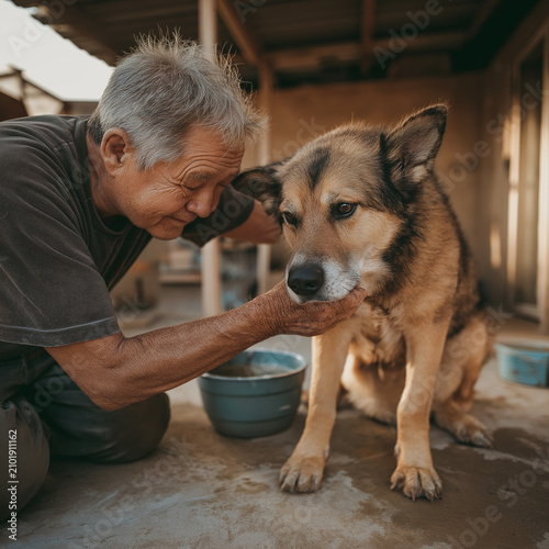 Senior Shelter Volunteer Gently Brushing Rescued Dog for International Dog Day