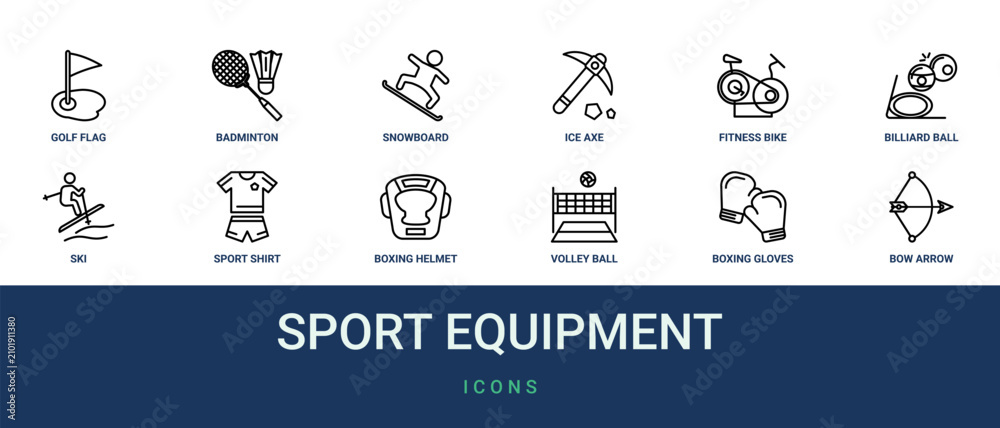 Fototapeta premium Set of 12 outline web Sport Equipment icons such as bow and arrow, boxing gloves, volley ball, boxing helmet, sport shirt, ski, billiard ball vector icons for report, presentation, diagram, web