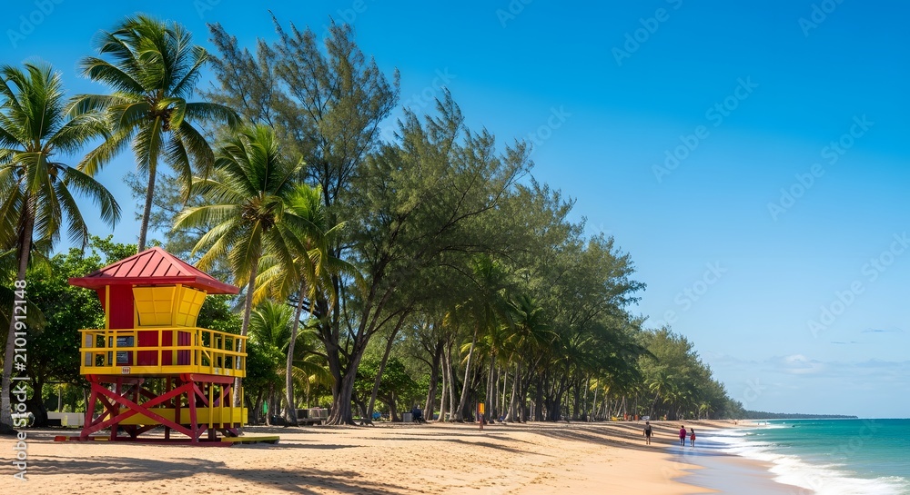 Naklejka premium Lifeguard tower on tropical beach with palm trees