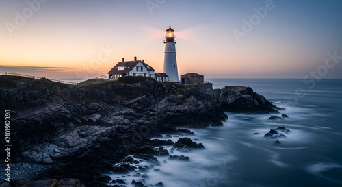 Lighthouse and house on rocky coast at sunset