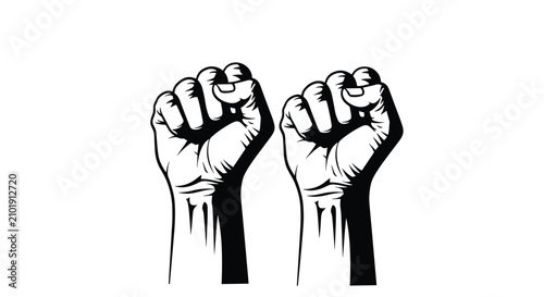 Graphic illustration of two raised fists representing unity, protest, freedom, and strength on a plain white background.