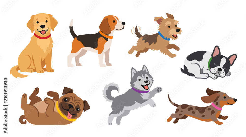 Obraz premium Cute illustrations of various dog breeds in playful poses, perfect for animal lovers and pet-themed designs