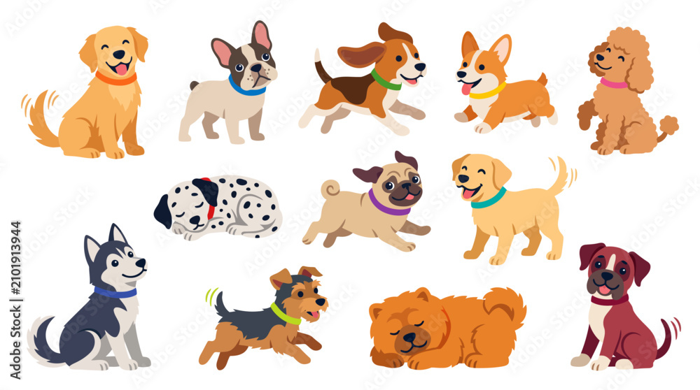 Obraz premium Collection of various breeds of cute, adorable dogs in different poses and activities, depicted in a vibrant, playful illustration style