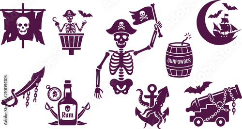 Fotografía Spooky Halloween pirate silhouette icon set featuring a skeleton captain jolly r