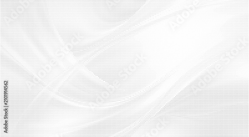 Seamless abstract pattern with flowing halftone dots forming organic wave shapes on gray geometric square mesh background.