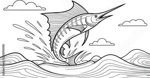 Cuadro en lienzo Sailfish jumping out of ocean waves line art, black and white coloring page feat