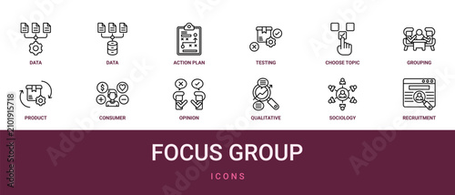 Set of 12 outline web Focus Group icons such as recruitment, sociology, qualitative research, opinion, consumer behavior, product development, grouping vector icons for report, presentation,