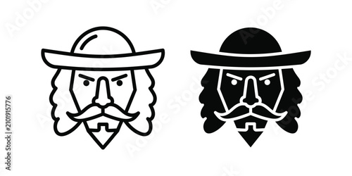 Bild auf Leinwand Set of Musketeer or Cavalier Head Icons with Hat and Mustache in Outline and Sol