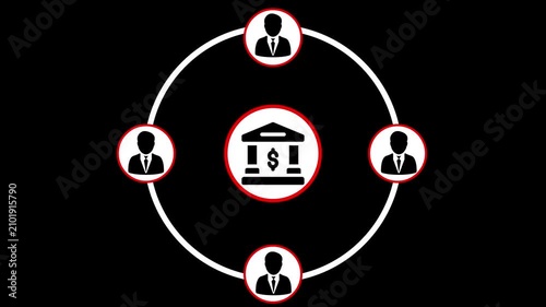 Bank network connection animation. Financial system linking business people and money.