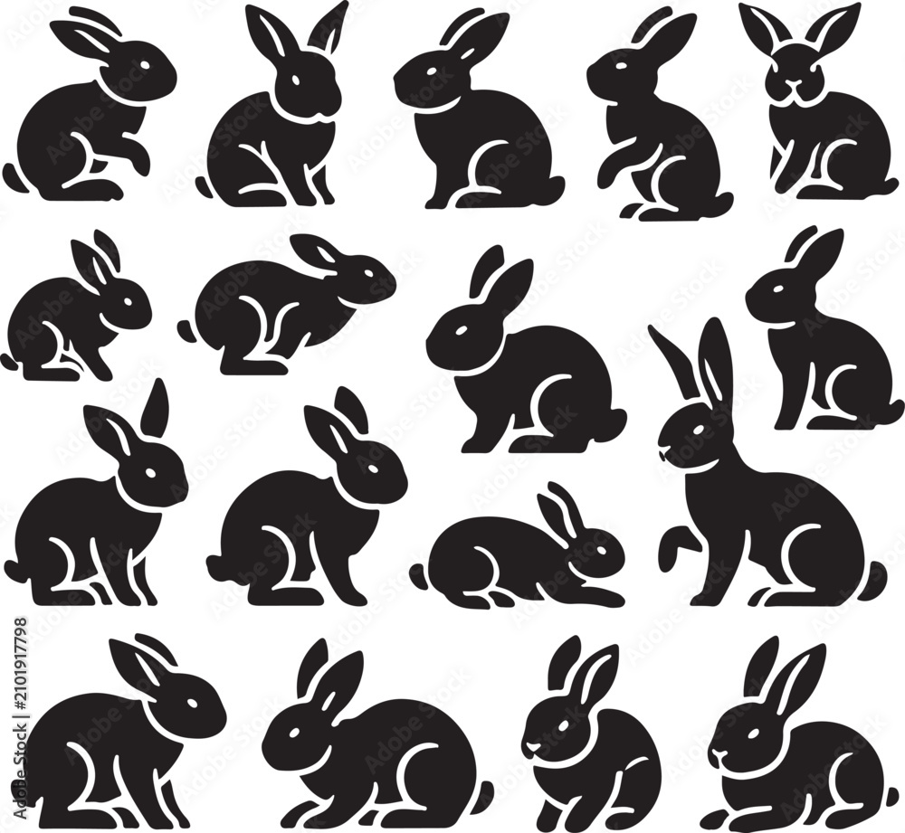 Obraz premium Collection of stylized rabbit silhouettes in various poses on a white background vector illustration