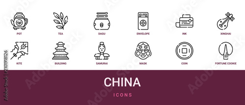 Bild auf Leinwand Set of 12 outline web China icons such as fortune cookie, coin, mask, samurai, b
