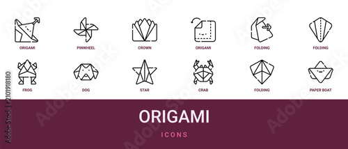 Set of 12 outline web Origami icons such as paper boat, folding, crab, star, dog, frog, folding vector icons for report, presentation, diagram, web design, mobile app