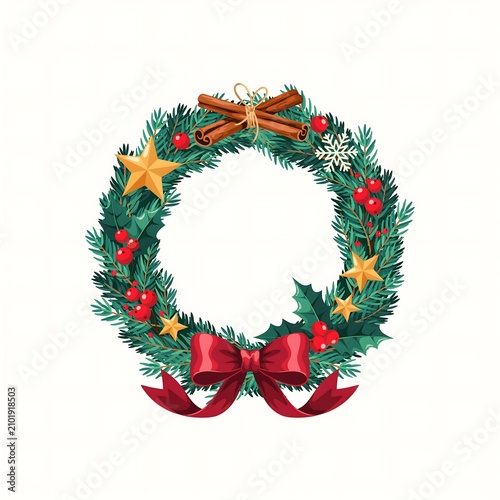 Christmas wreath with red bow and decorations isolated on transparent background