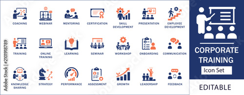 Corporate training and employee development solid icon set. Featuring skill development, online webinars, mentoring, and onboarding. Editable vector glyphs for business learning platforms.