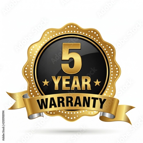 Premium 3D gold and black five year warranty badge featuring a metallic ribbon stars and glossy professional finish isolated on a white background for high-end retail commerce trust branding.