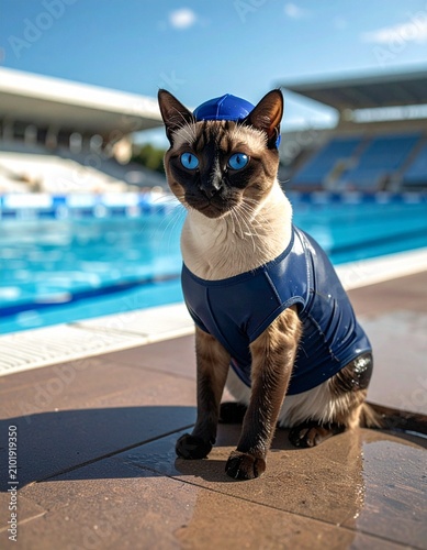 Siamese Cat Swimmer Ready: A determined Siamese cat, dressed in a blue swim cap and vest, sits by the edge of a bright blue swimming pool, ready for a race or a refreshing dip.