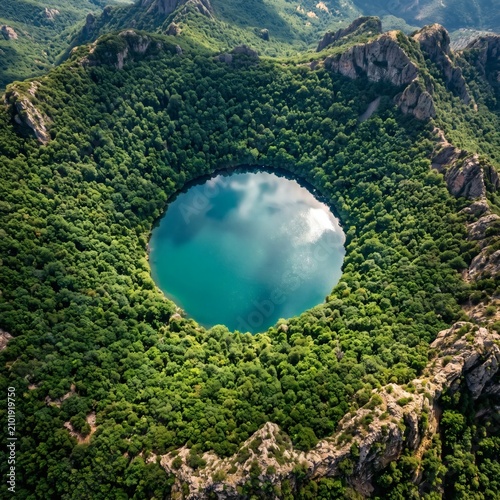 Mountain lake aerial view with turquoise water, lush forest and rugged cliffs in pristine natural landscape