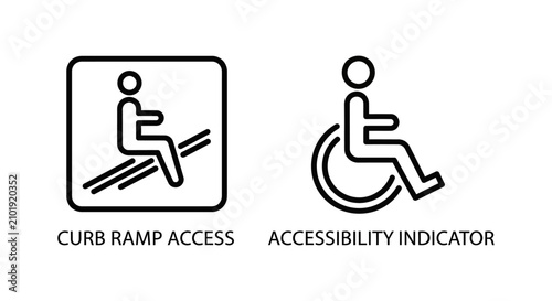 Accessibility sign set showing curb ramp access and wheelchair user symbols for universal design standards with accessibility wheelchair disability inclusive handicap pictogram