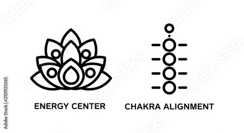 Yoga wellness icons representing energy center lotus and spine chakra alignment for spiritual practice with alignment wellness spiritual meditation mindfulness philosophy minimalist