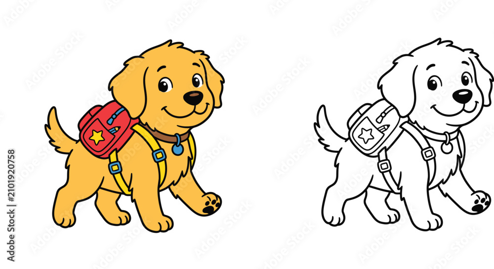 Obraz premium Cute golden retriever puppy wearing a school backpack