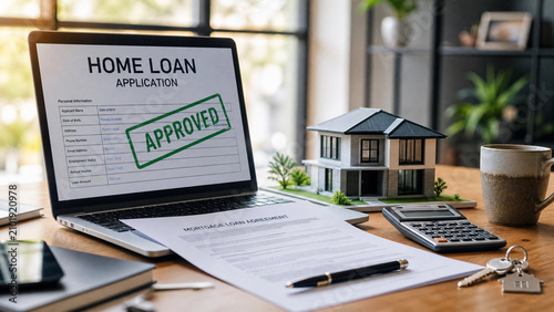 Home loan application successfully approved on a laptop screen next to a house model and mortgage documents on a wooden desk