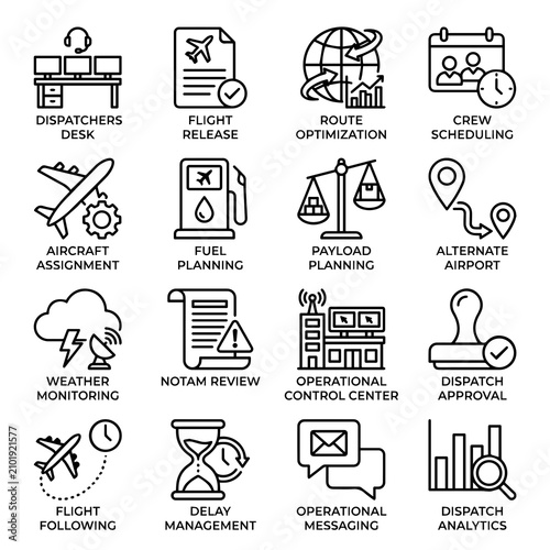 Obraz na plátně Solid glyph icons for aviation flight dispatch and air traffic control systems