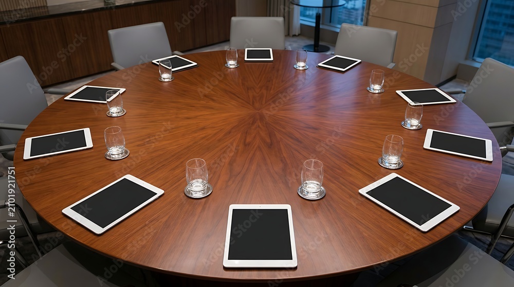 Fototapeta premium Modern boardroom meeting table with digital tablets and water glasses for a corporate presentation