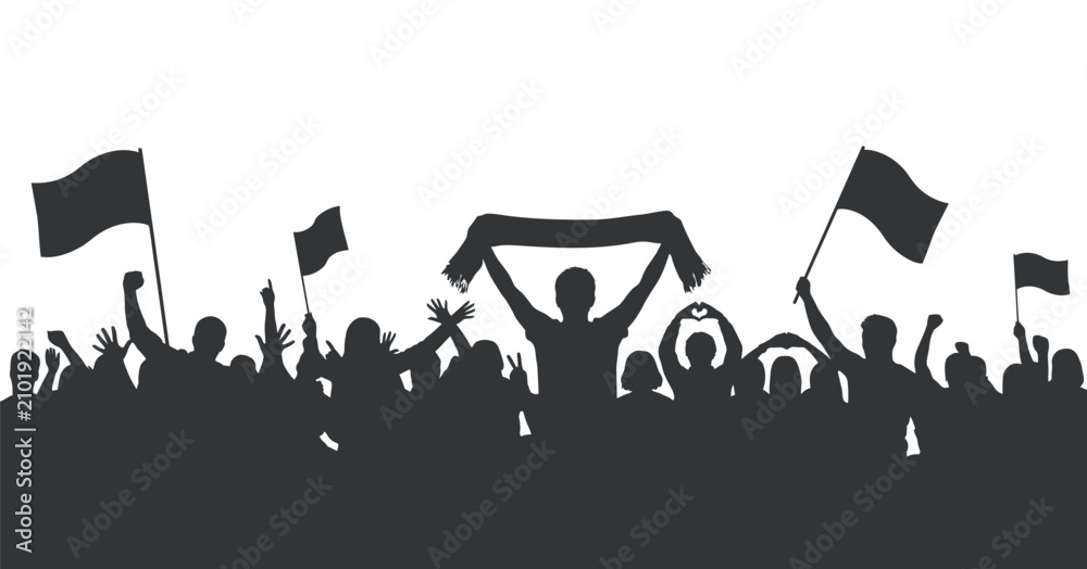 Fototapeta premium Crowd silhouette with raised arms and flags against a gradient backdrop spectators audience