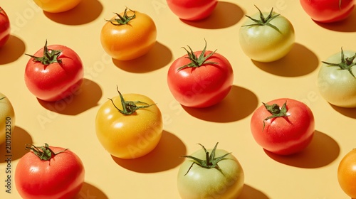 A bright tomato composition on a pastel yellow background with strong shadows, vivid Mediterranean colors, and playful summer styling