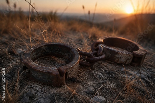 Foto Heavy rusted iron shackles discarded in overgrown dry grass at sunset