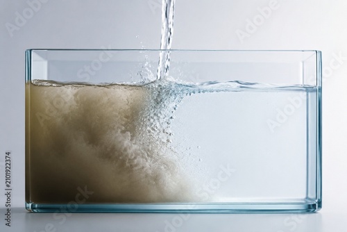 Fotografija A clear glass tank with a stream of pure water diluting murky water within