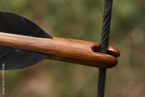 Tablou pe pânză Arrow nock fitted on bowstring, carved groove and wood grain in soft light