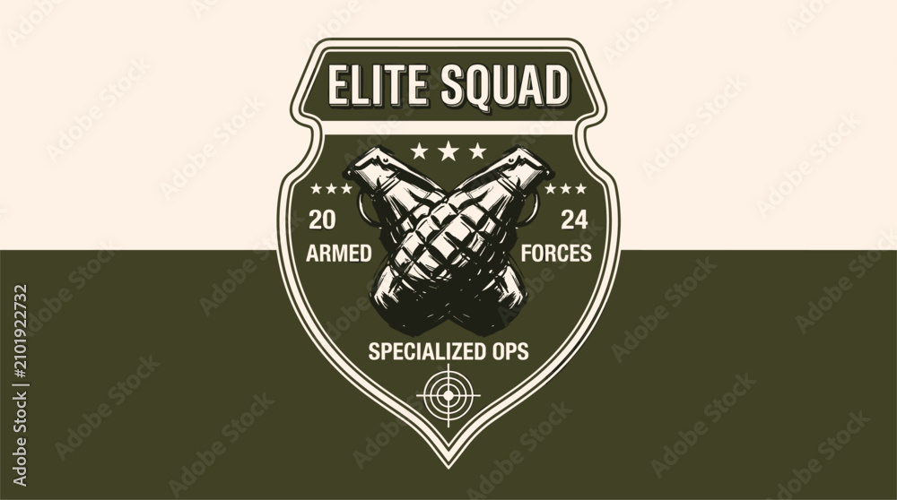 Fototapeta premium Elite squad armed forces. Military specialized ops vintage emblem. Tactical grenade print design for t shirt, poster, sticker. Army badge.