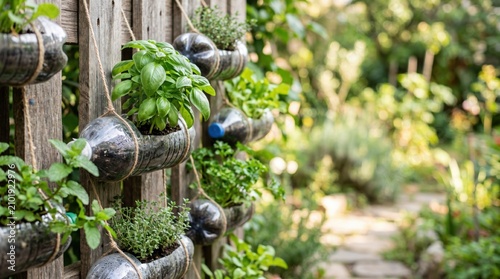 Vertical herb garden featuring recycled plastic bottles as hanging planters on a rustic wooden pallet fence under bright sunlight, showcasing basil and mint in a lush green sustainable backyard.