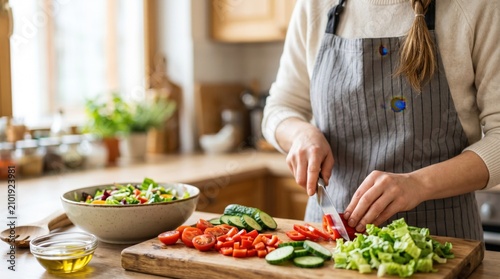 Close up of woman in apron slicing fresh organic vegetables for healthy salad on wooden board in sunlit rustic kitchen setting with soft natural morning lighting and warm wellness mood.