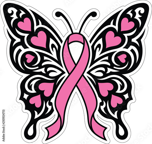 Pink and black floral pattern with swirls and hearts