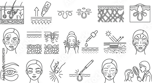 Cuadro en lienzo Skincare and Dermatology Outline Icon Set Featuring Skin Anatomy Facial Care Acn