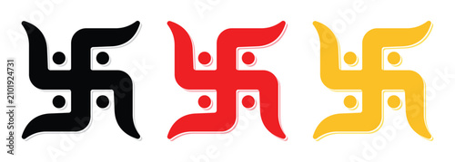 Swastika symbol. Symbol of Buddhism and Hinduism. Swastika sign and symbol made with black, red and yellow color on white background. Vector illustration.