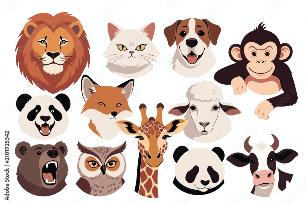 Obraz premium Big collection of cute animal faces including a lion, dog, cat, panda, bear, owl, giraffe, cow, monkey, fox, and sheep.
