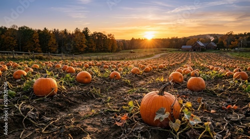 Halloween pumpkin patch at sunset with sunset pumpkins