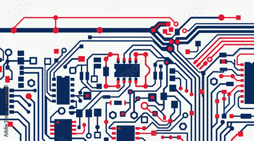 Abstract Circuit Board Pattern: Blue and Red Lines on White Background