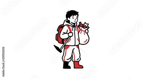 Young boy with backpack and digging tool, adventure and exploration concept