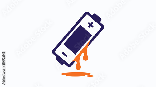 Leaking Battery Icon with Orange Liquid Drip, Energy Concept