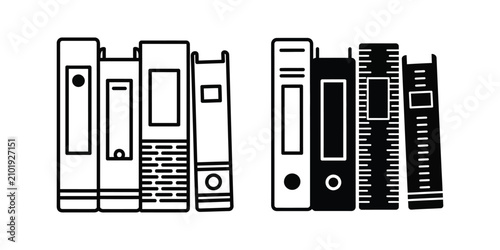 Set of office ring binders and document folders in minimalist line art and solid black icon style